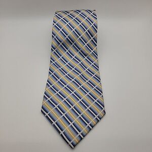 BAHRACH Mens Silk Tie Blue Yellow Plaid‎ Grid Pattern Formal Necktie